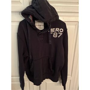 Aeropostale Navy Henley Plaid Hoodie Sz L Y2K Unisex